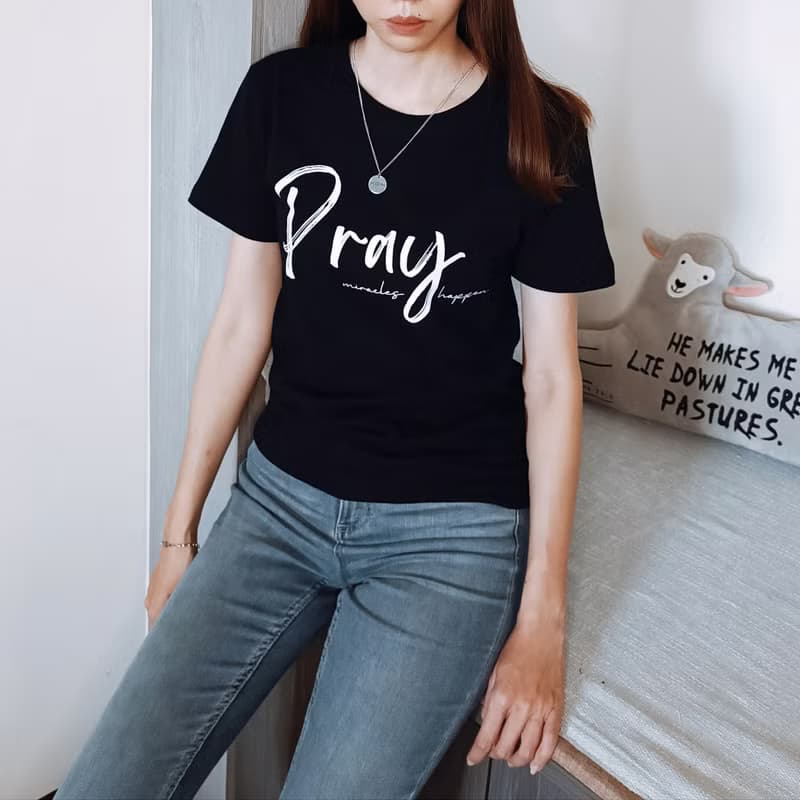 Pray禱告神蹟發生女黑白純棉t-shirt上衣/基督教/福音/受洗禮物