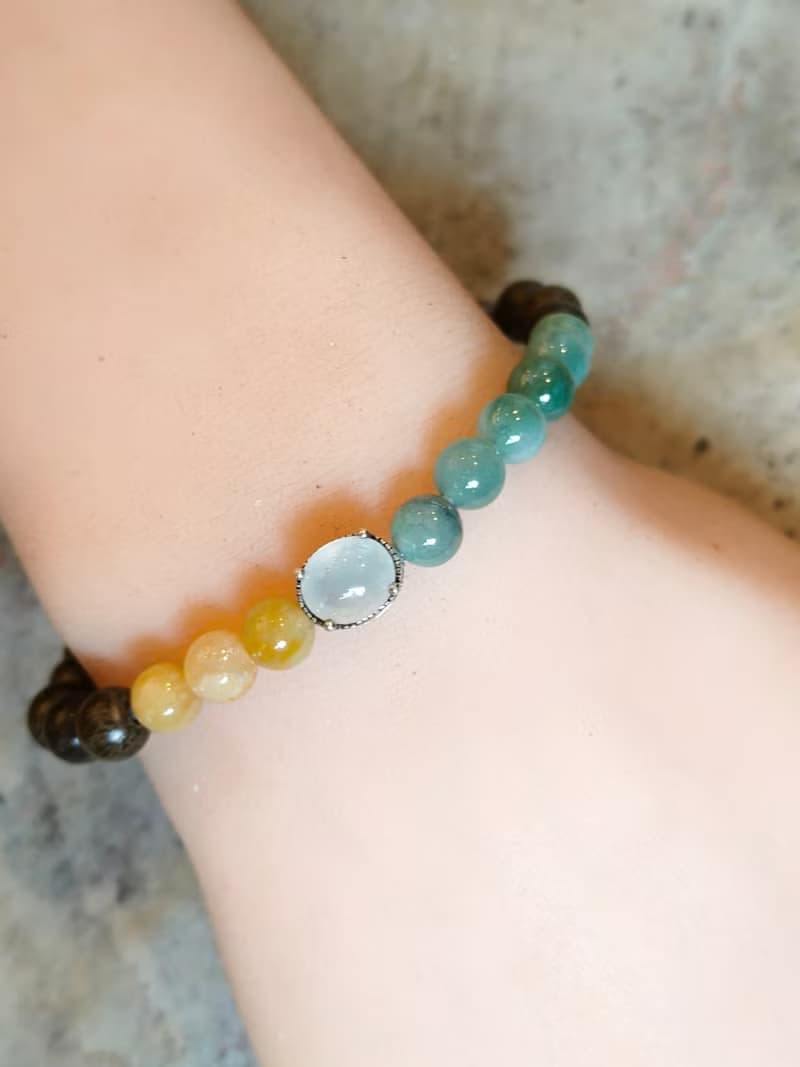 緬甸天然翡翠 冰膠蛋面 黃、綠珠 古沉木珠 手串手鍊