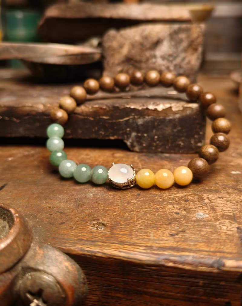 緬甸天然翡翠 冰膠蛋面 黃、綠珠 古沉木珠 手串手鍊