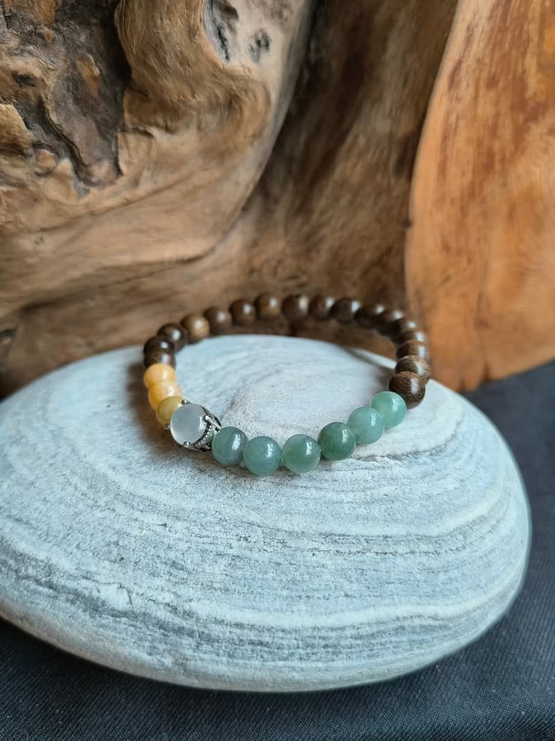 緬甸天然翡翠 冰膠蛋面 黃、綠珠 古沉木珠 手串手鍊