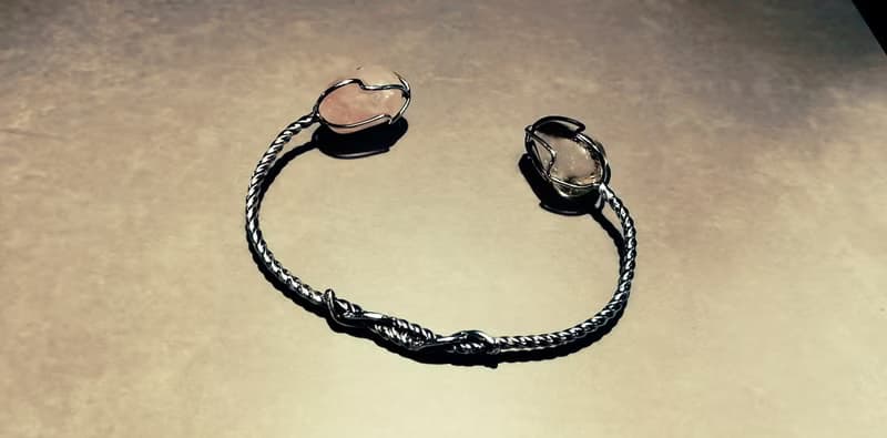 アンティークシルバーフォークのリメイク石付きレディースバングル_0611　天然石がかわいい　プレゼント　１点もの