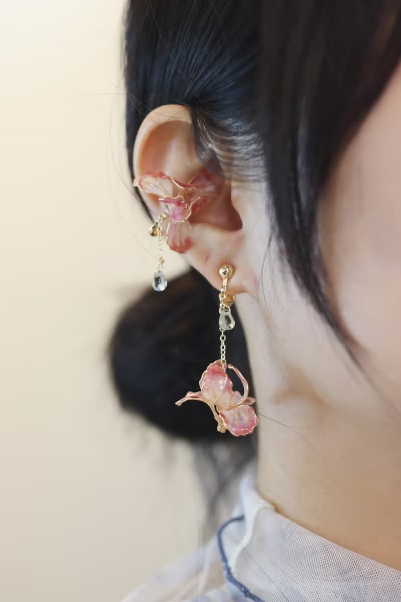 古典油畫鳶尾花戀人 紅粉/經典藍  不對稱水晶花樹脂耳環
