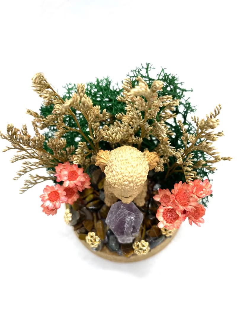 綠色森林-貴賓狗與紫水晶-手工玻璃罩公仔/水晶/乾燥花擺設