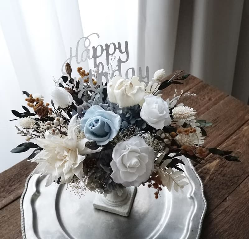 母親節花禮花束開幕花禮生日花禮物復古灰藍白永生花禮陶附乳