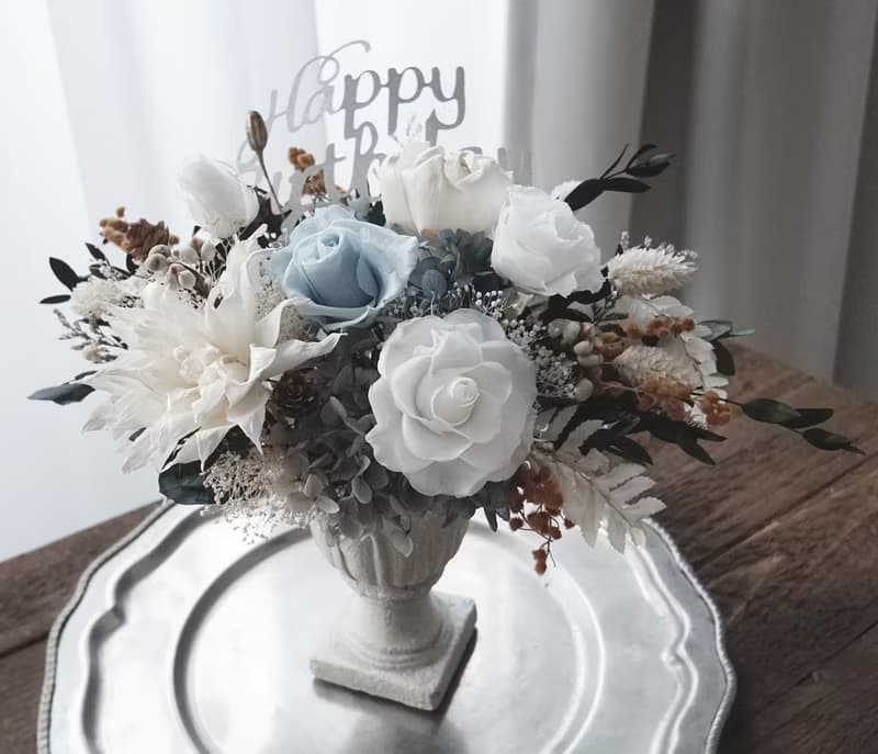 母親節花禮花束開幕花禮生日花禮物復古灰藍白永生花禮陶附乳