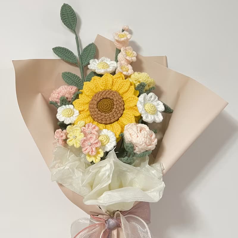 鈎針編織粉色系向日葵花束