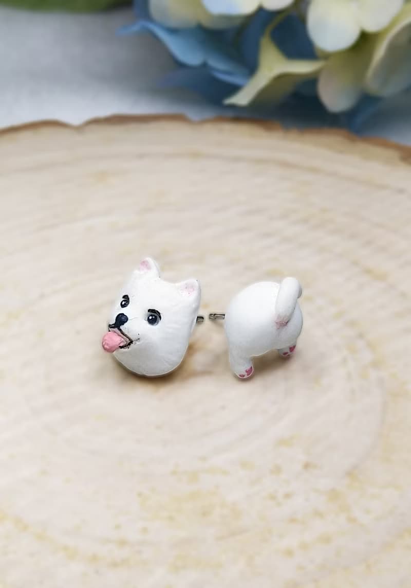 全手作 白色 松鼠狗耳環 博美犬耳環 防敏感耳針 耳釘/耳夾