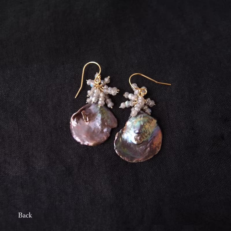 【K14gf】BIG Petal Pearl Earrings Labradorite 【ice gray】