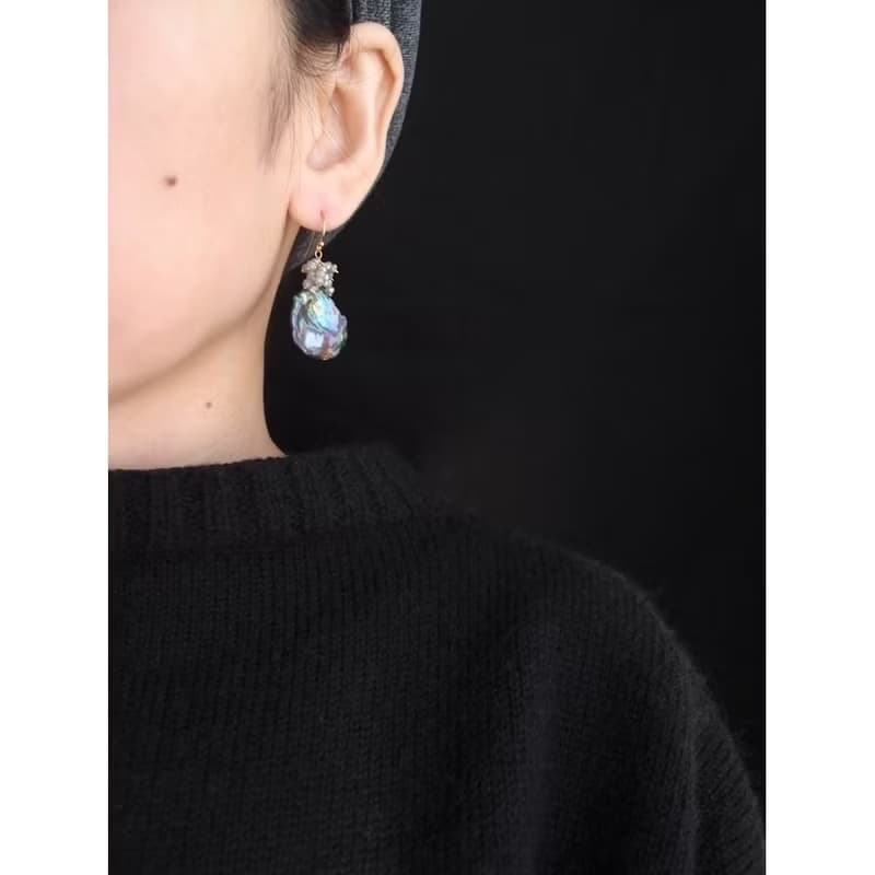 【K14gf】BIG Petal Pearl Earrings Labradorite 【ice gray】