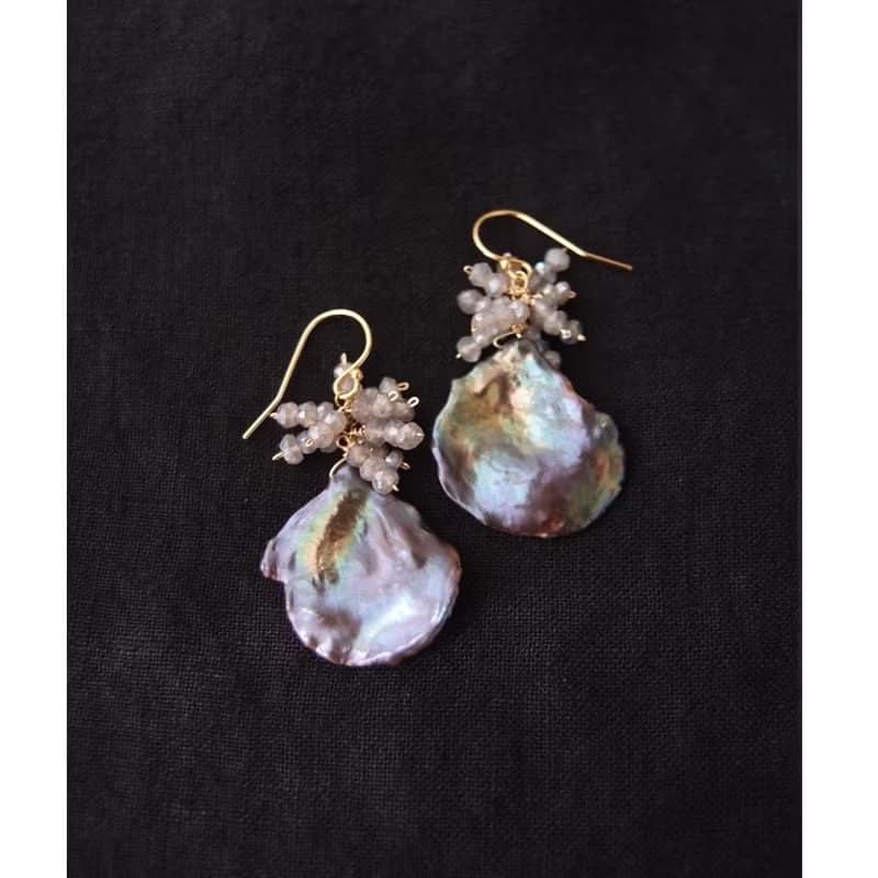 【K14gf】BIG Petal Pearl Earrings Labradorite 【ice gray】