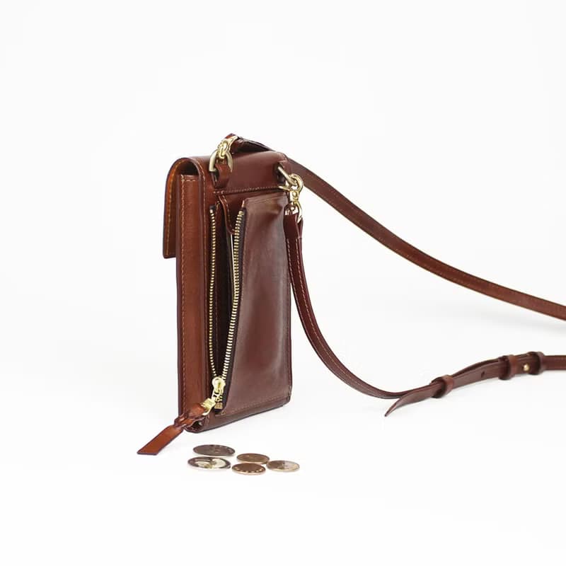 棕色義大利植鞣革牛皮手機小包 生日情人節禮物