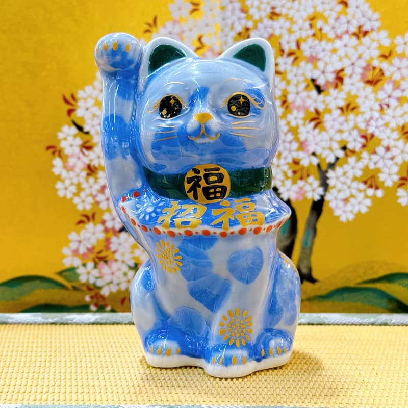 【青晶迎福】日本清水燒招財貓 | 花結晶青 - 招福