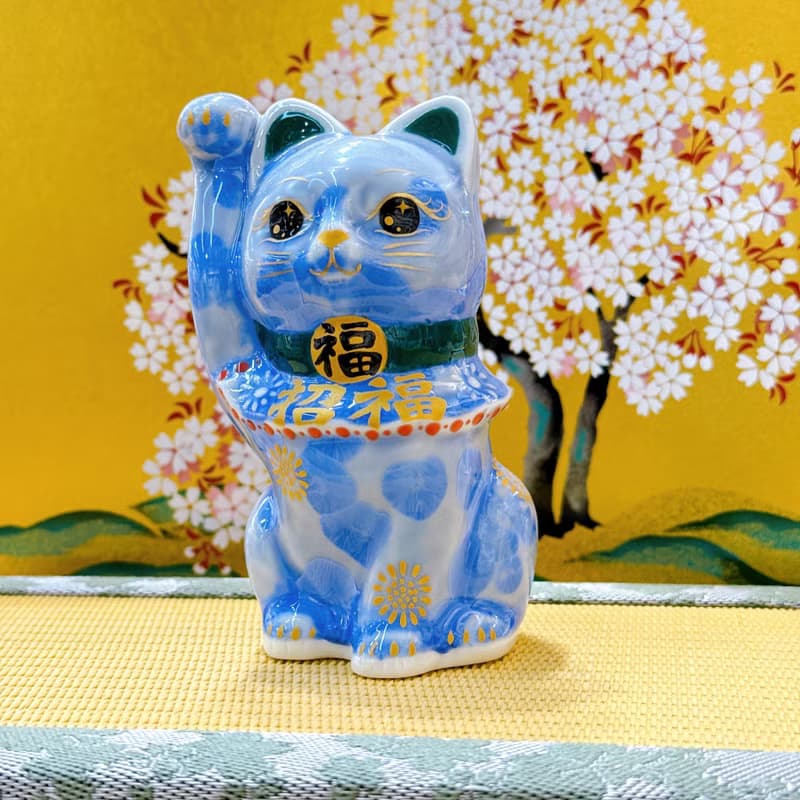 【青晶迎福】日本清水燒招財貓 | 花結晶青 - 招福