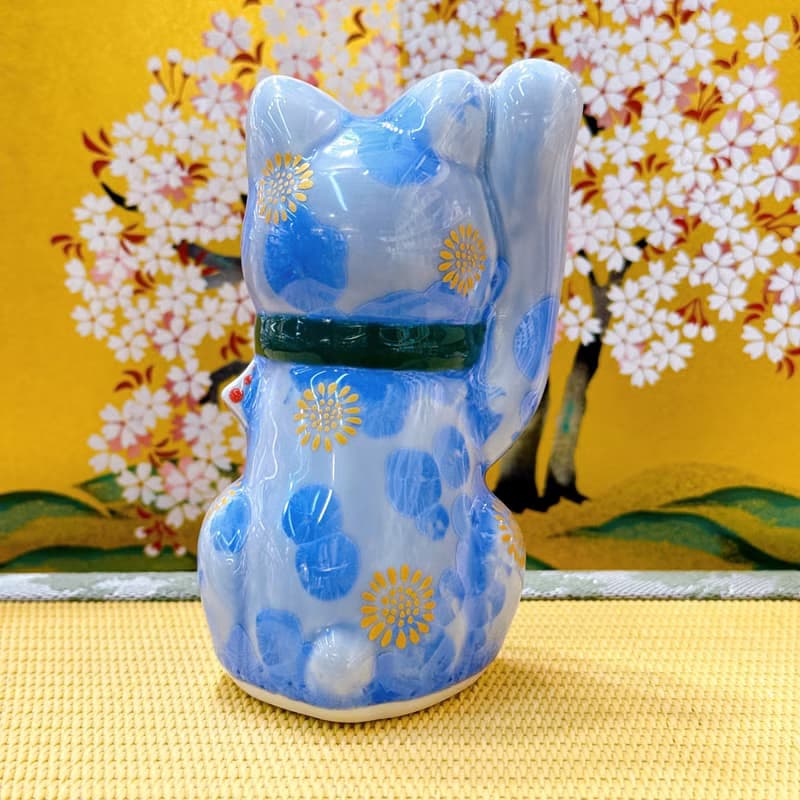 【青晶迎福】日本清水燒招財貓 | 花結晶青 - 招福