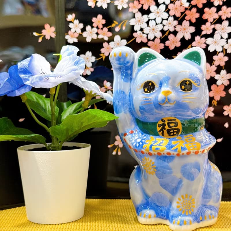 【青晶迎福】日本清水燒招財貓 | 花結晶青 - 招福