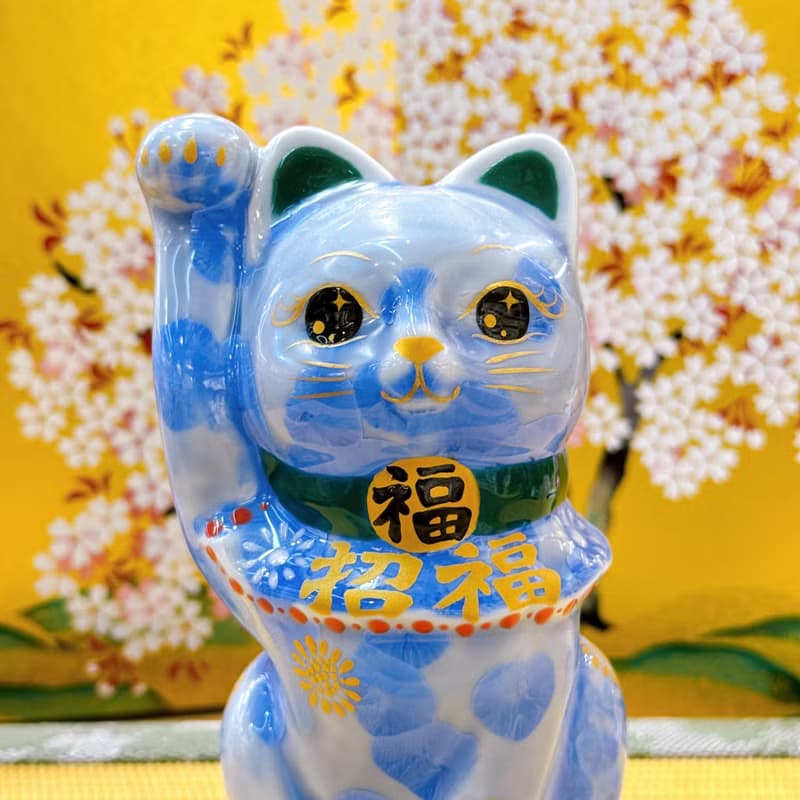 【青晶迎福】日本清水燒招財貓 | 花結晶青 - 招福