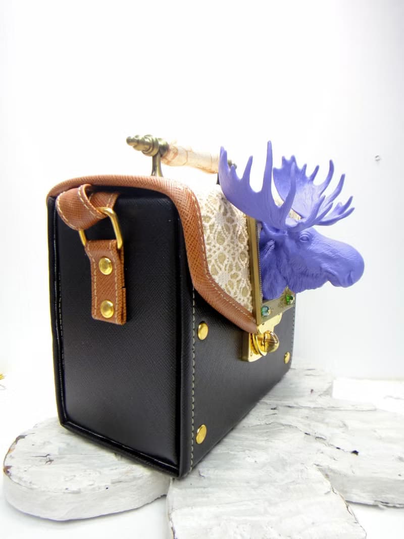 TIMBEE LO 手製 蕾絲 米色 黑底 紫色 馴鹿頭 裝飾迷你小手袋 包包 復古手柄