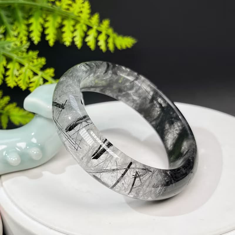 福利款 黑發晶手鐲58MM 冰透共生黑碧璽發絲水晶手環 增強氣場