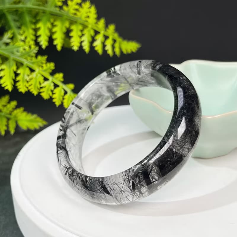 福利款 黑發晶手鐲58MM 冰透共生黑碧璽發絲水晶手環 增強氣場