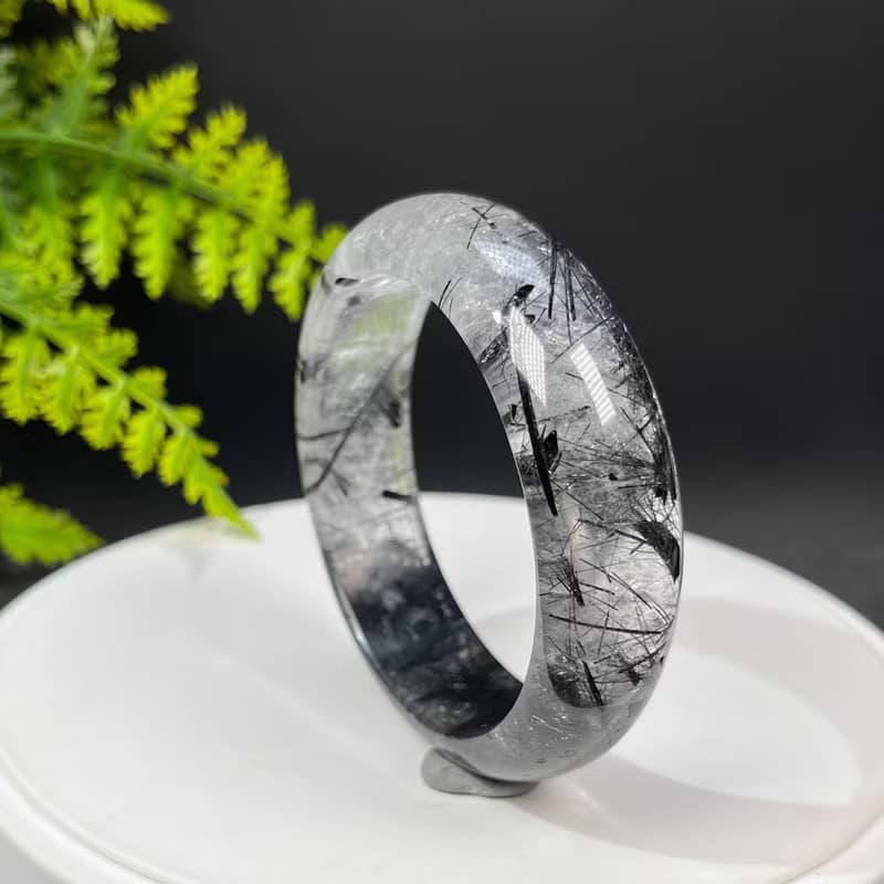 福利款 黑發晶手鐲58MM 冰透共生黑碧璽發絲水晶手環 增強氣場