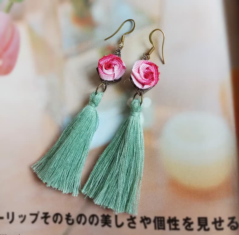 玫瑰花耳環 線耳環 流蘇耳環 布花耳環  EAR-040