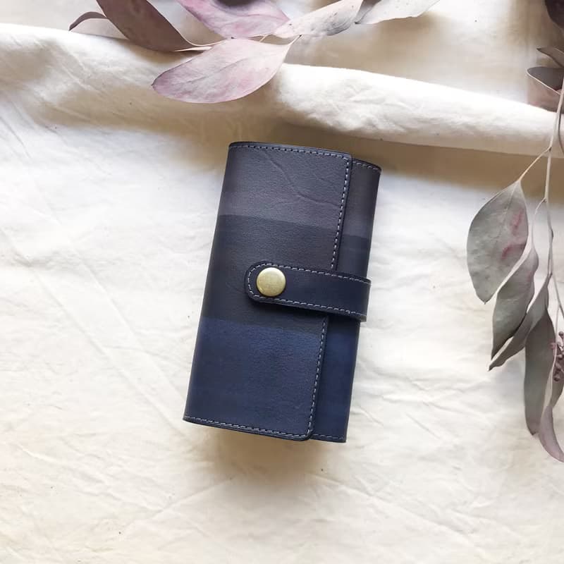 植鞣革牛皮_平口扣條鑰匙套_灰藍漸層薰衣草紫