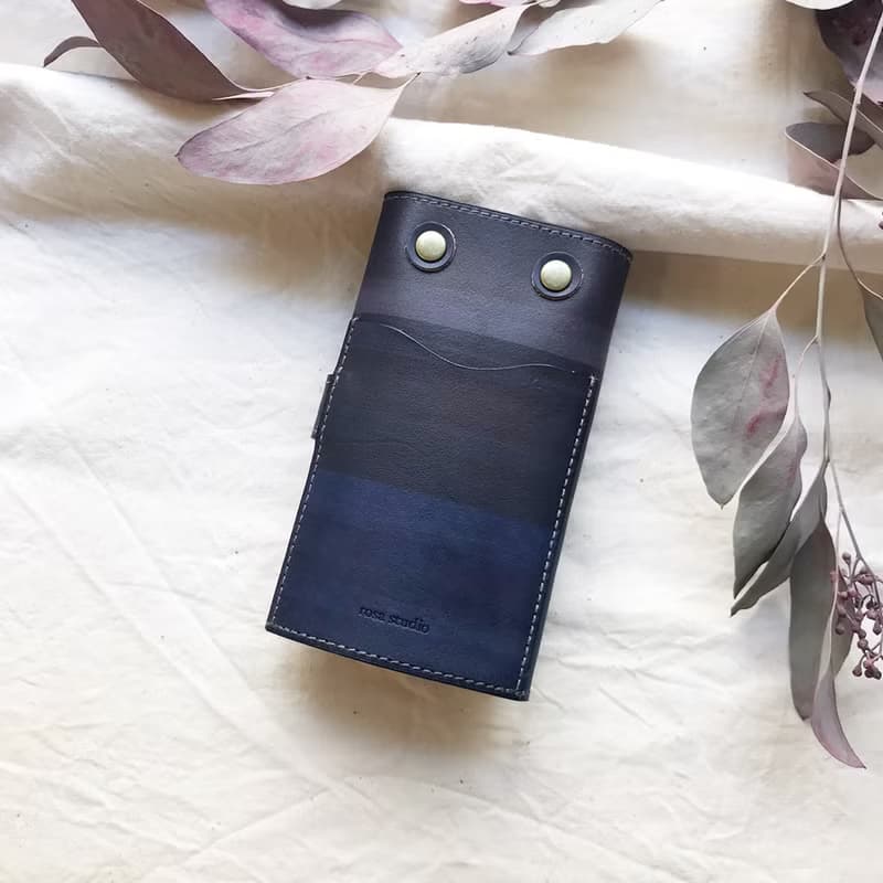 植鞣革牛皮_平口扣條鑰匙套_灰藍漸層薰衣草紫