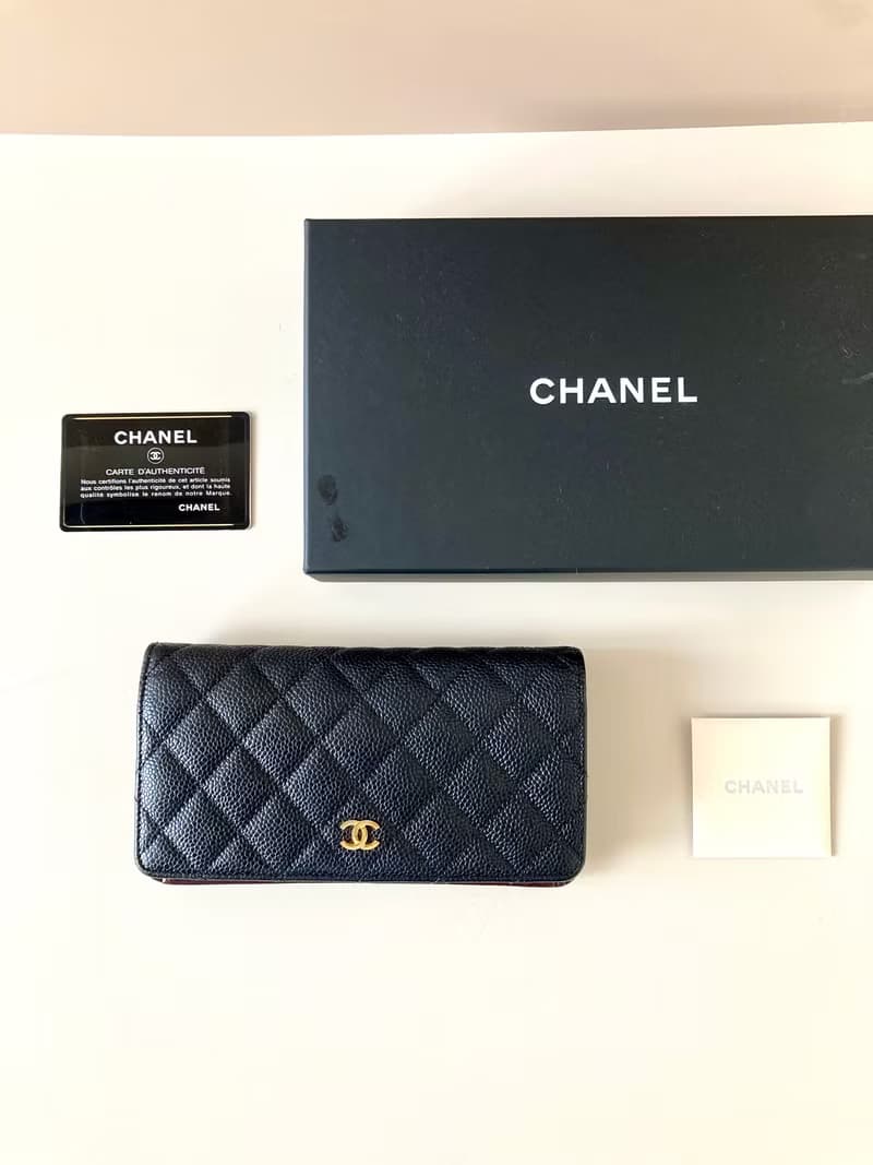 全套配件 Chanel中古黑色金標魚子醬皮革長夾 錢包 二手皮夾 手袋