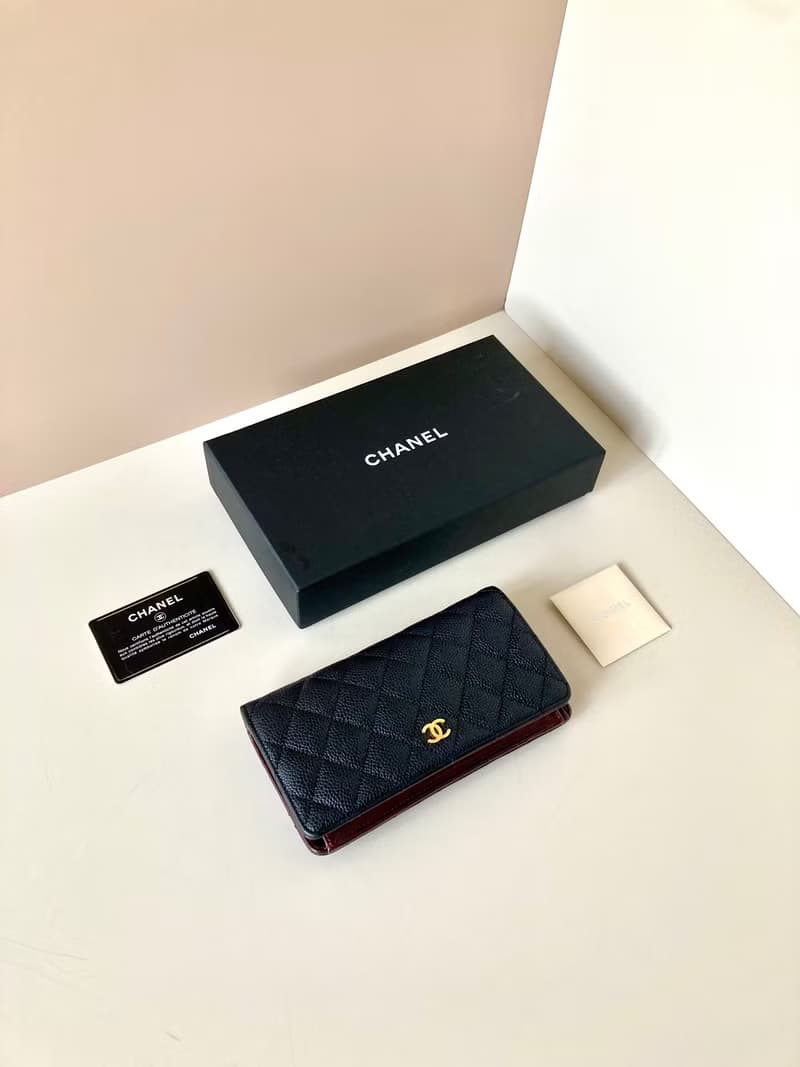 全套配件 Chanel中古黑色金標魚子醬皮革長夾 錢包 二手皮夾 手袋