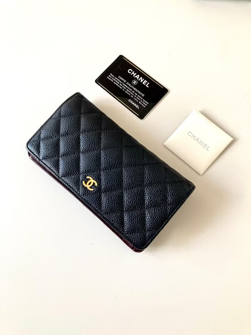 全套配件 Chanel中古黑色金標魚子醬皮革長夾 錢包 二手皮夾 手袋