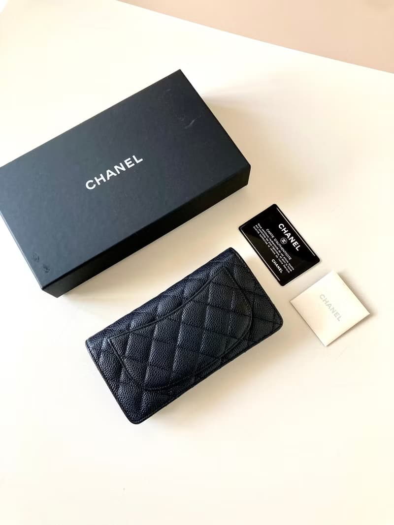 全套配件 Chanel中古黑色金標魚子醬皮革長夾 錢包 二手皮夾 手袋