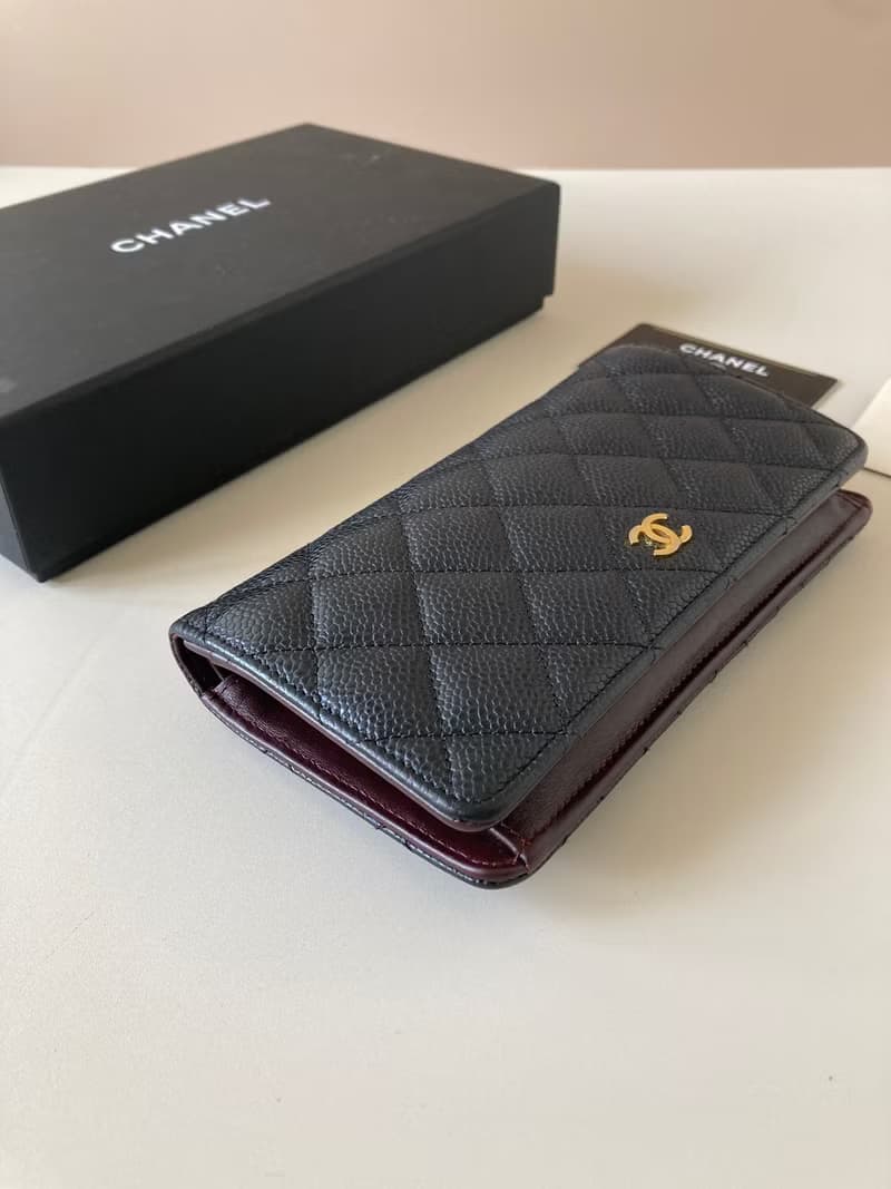 全套配件 Chanel中古黑色金標魚子醬皮革長夾 錢包 二手皮夾 手袋