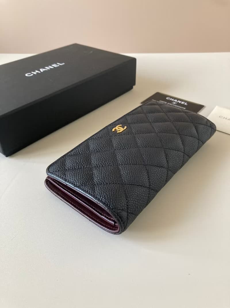 全套配件 Chanel中古黑色金標魚子醬皮革長夾 錢包 二手皮夾 手袋