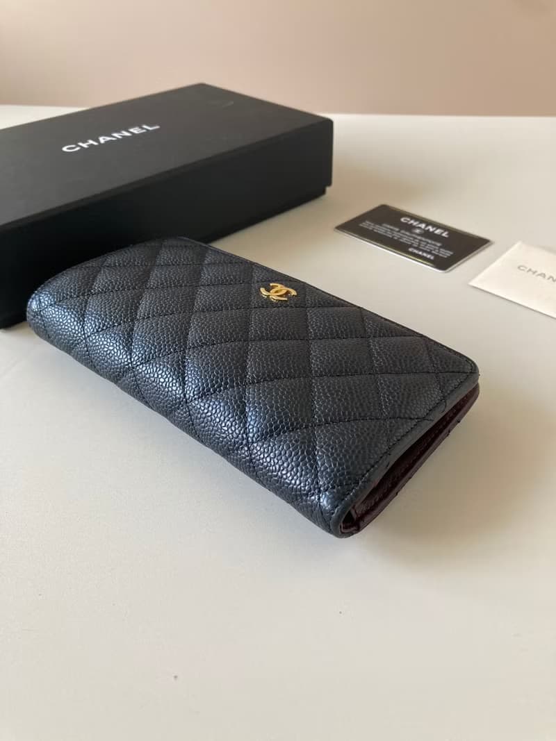 全套配件 Chanel中古黑色金標魚子醬皮革長夾 錢包 二手皮夾 手袋