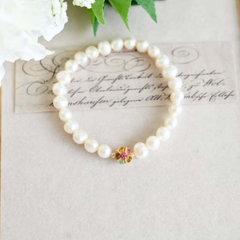 マイナスイオンパワーの石 マルチカラートルマリンとバロックパールのブレスレット 10月/6月誕生石