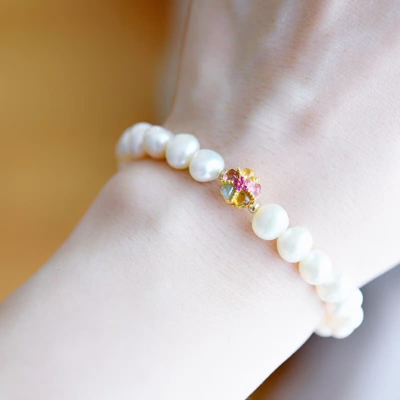 マイナスイオンパワーの石 マルチカラートルマリンとバロックパールのブレスレット 10月/6月誕生石