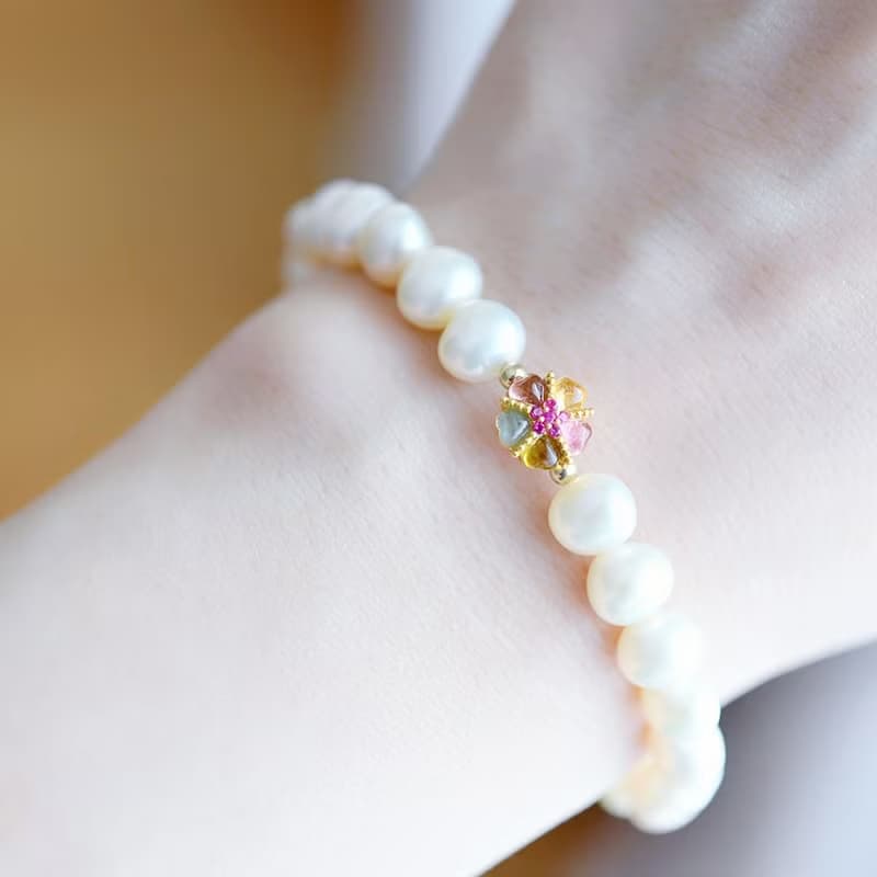 マイナスイオンパワーの石 マルチカラートルマリンとバロックパールのブレスレット 10月/6月誕生石