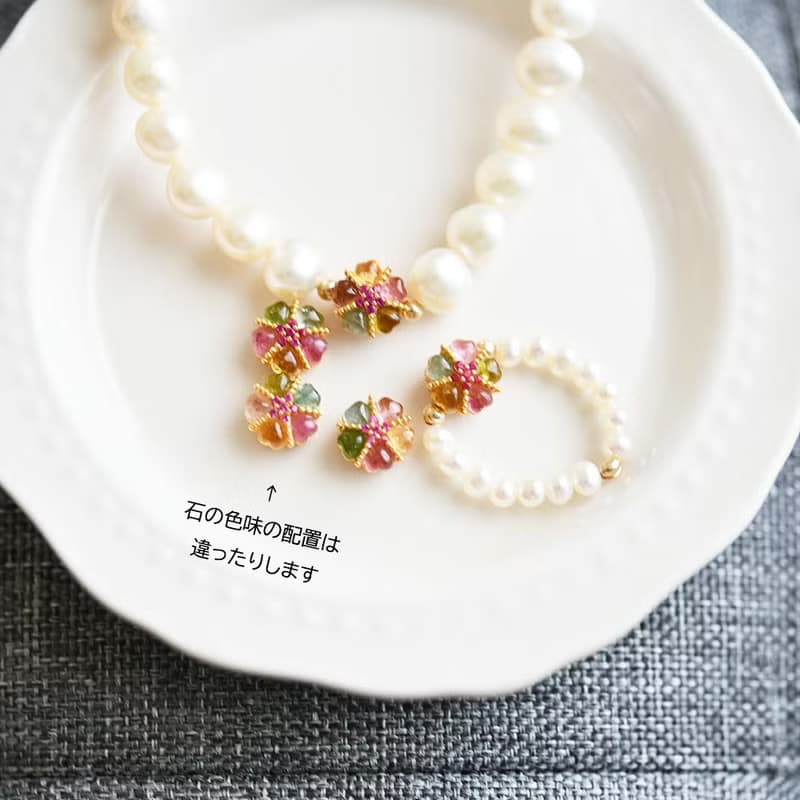 マイナスイオンパワーの石 マルチカラートルマリンとバロックパールのブレスレット 10月/6月誕生石
