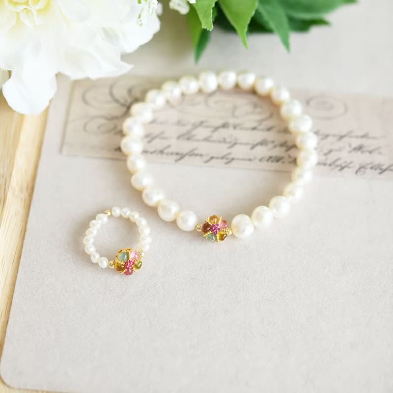 マイナスイオンパワーの石 マルチカラートルマリンとバロックパールのブレスレット 10月/6月誕生石