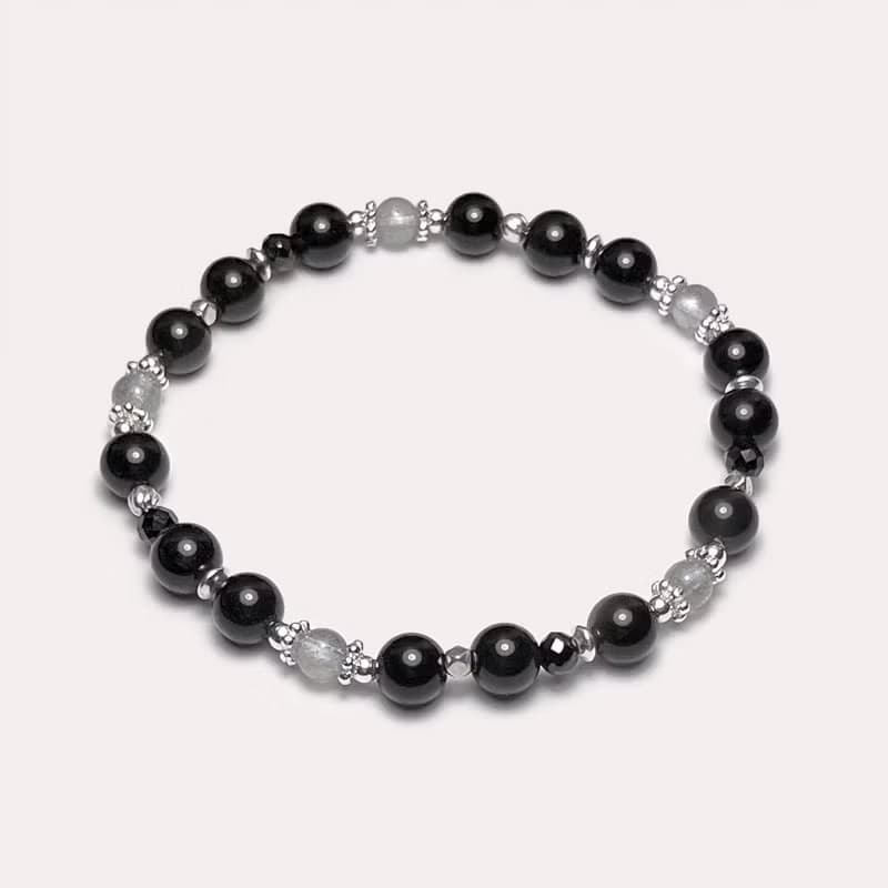 黑曜石拉長石925純銀手鍊