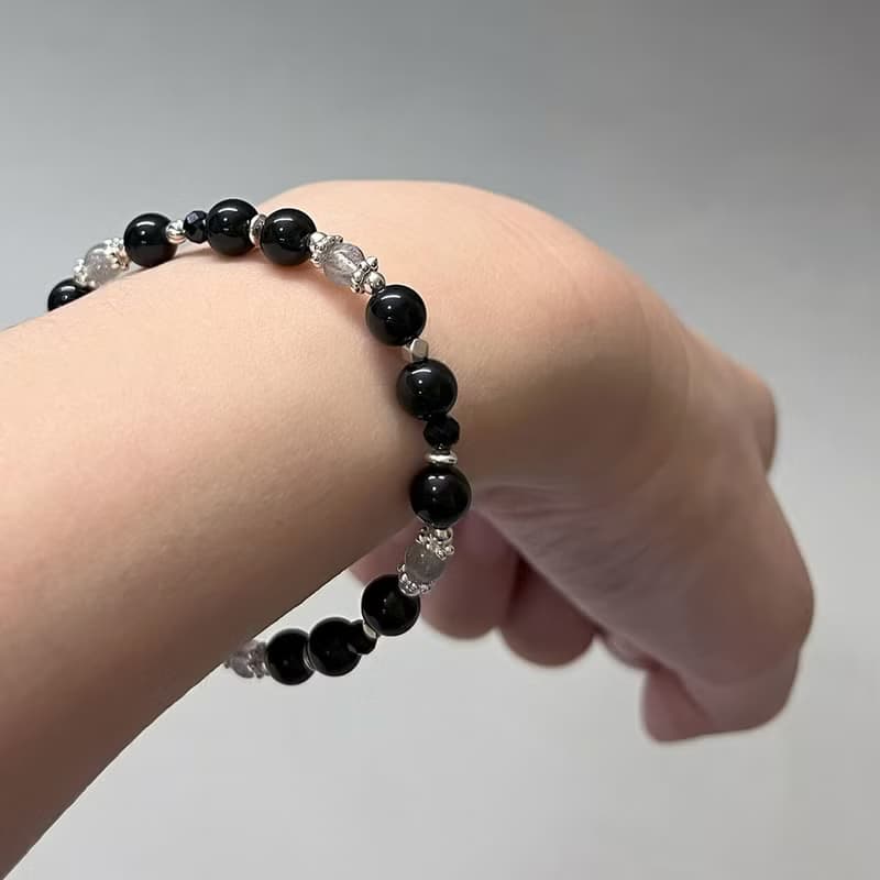 黑曜石拉長石925純銀手鍊