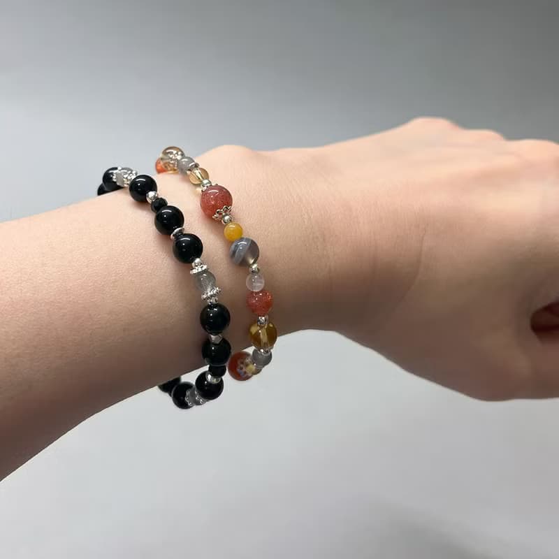 黑曜石拉長石925純銀手鍊