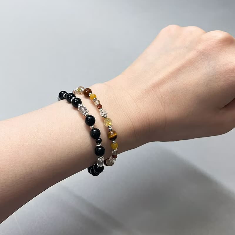 黑曜石拉長石925純銀手鍊