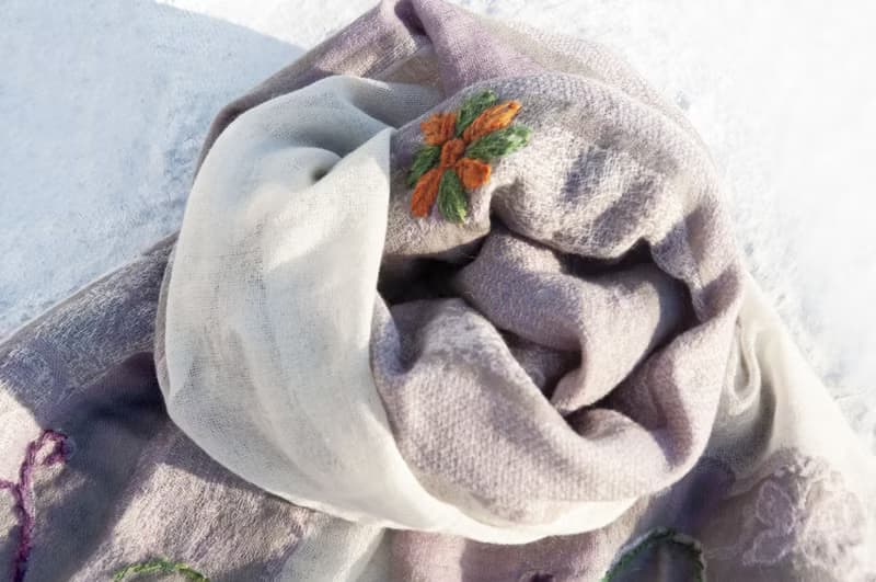 喀什米爾Cashmere刺繡羊毛披肩 針織圍巾 刺繡圍巾 克什米爾-花朵