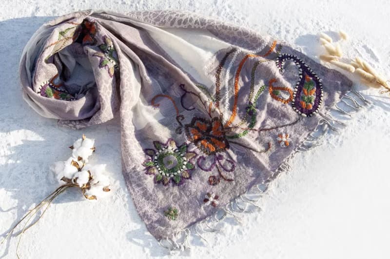喀什米爾Cashmere刺繡羊毛披肩 針織圍巾 刺繡圍巾 克什米爾-花朵