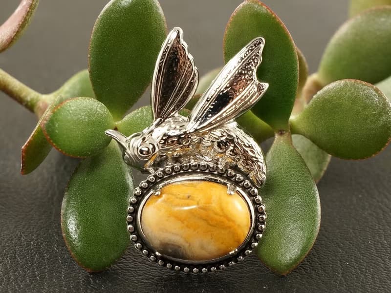 Ochre Honey Yellow Lace Agate Stone Silver Bee Insect Brooch Pin Woman Jewelry