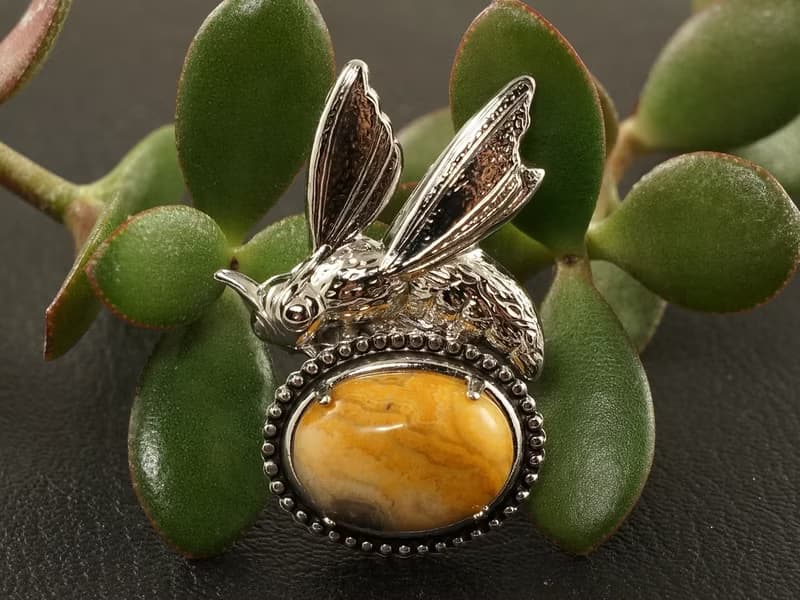 Ochre Honey Yellow Lace Agate Stone Silver Bee Insect Brooch Pin Woman Jewelry