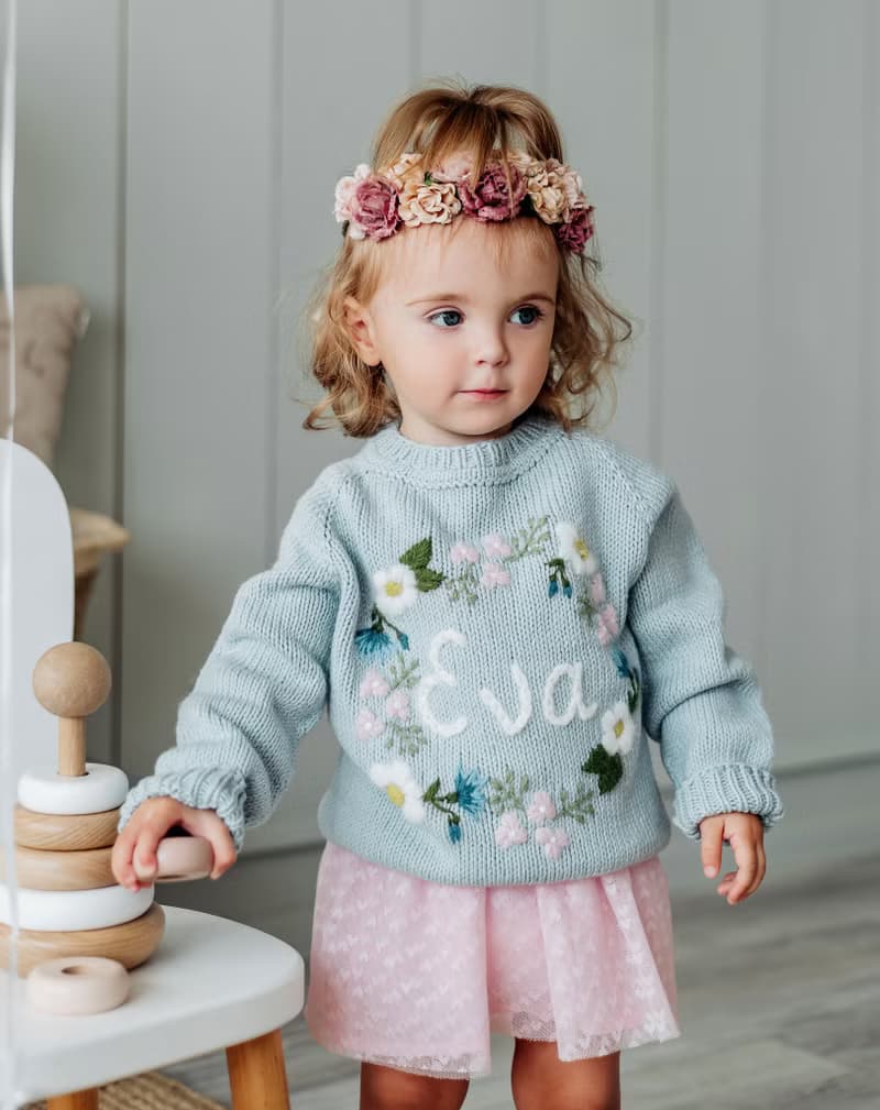 Custom knitted cotton, merino sweater with embroidered flowers  for baby, girl