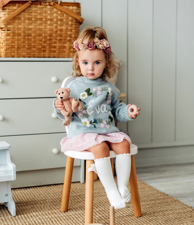 Custom knitted cotton, merino sweater with embroidered flowers  for baby, girl