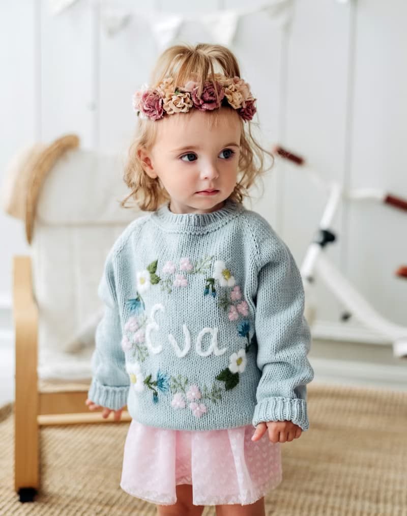 Custom knitted cotton, merino sweater with embroidered flowers  for baby, girl